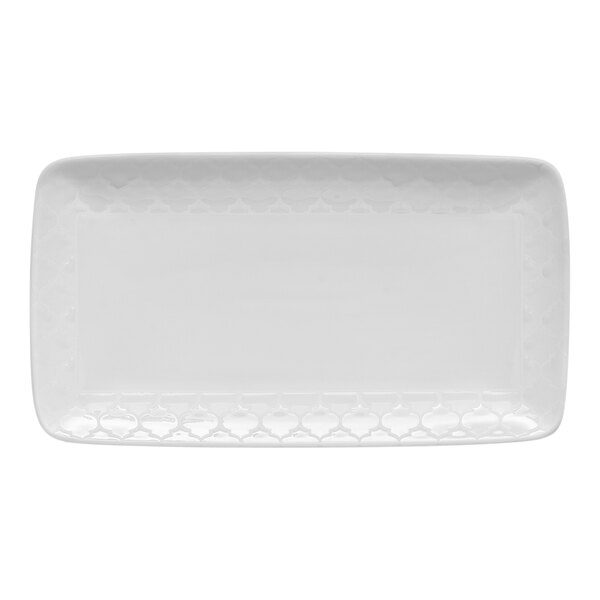 A white rectangular Libbey porcelain platter with a pattern on the border.