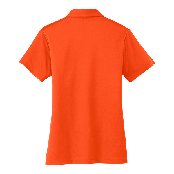 An extra large women's Port Authority neon orange polo shirt with a white collar.