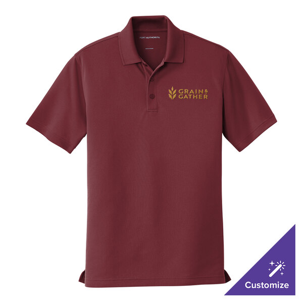 A small burgundy Port Authority polo shirt with a logo on it.