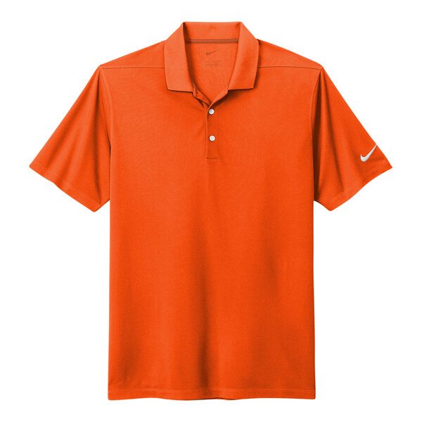 A brilliant orange Nike polo shirt with a white Nike swoosh on the sleeve.
