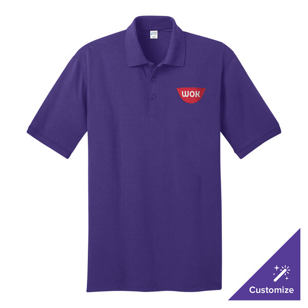 A purple Port & Company short sleeve polo shirt with a logo on it.