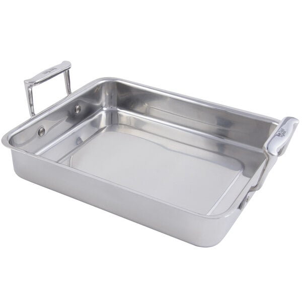 A silver rectangular Bon Chef Cucina roasting pan with a handle.