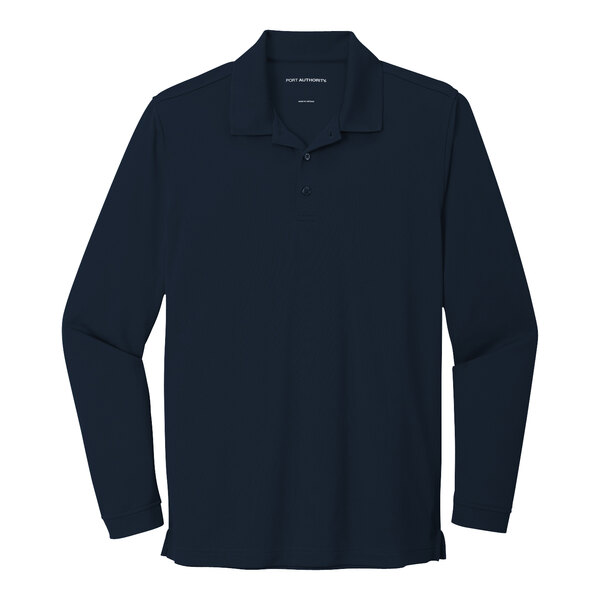 A close-up of a long-sleeved navy blue Port Authority polo shirt.