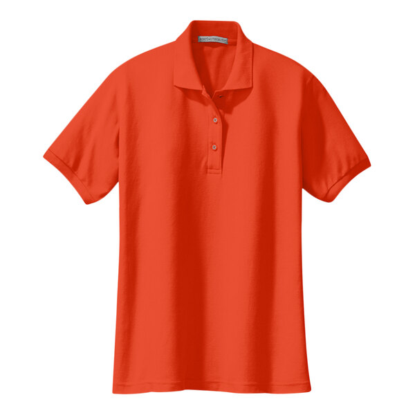 An orange Port Authority polo shirt with a collar and buttons.