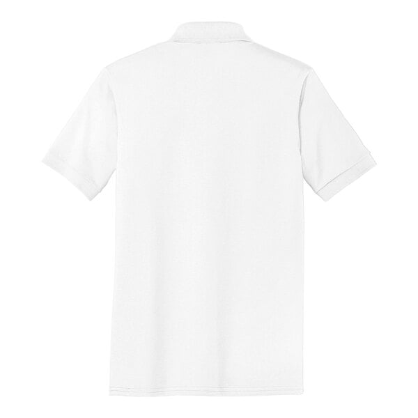The back of a white Port & Company polo shirt.
