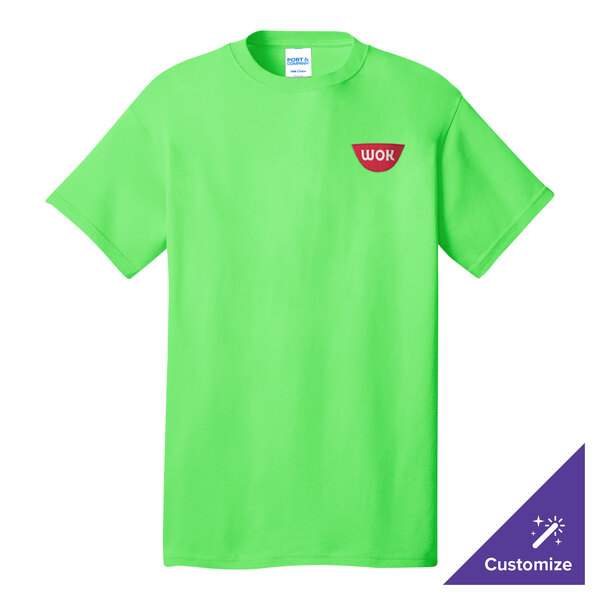 An extra large neon green Port & Company T-shirt with a logo on it.