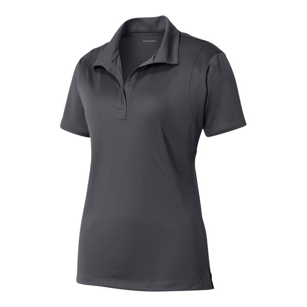 A Sport-Tek women's grey performance polo shirt with a collar.
