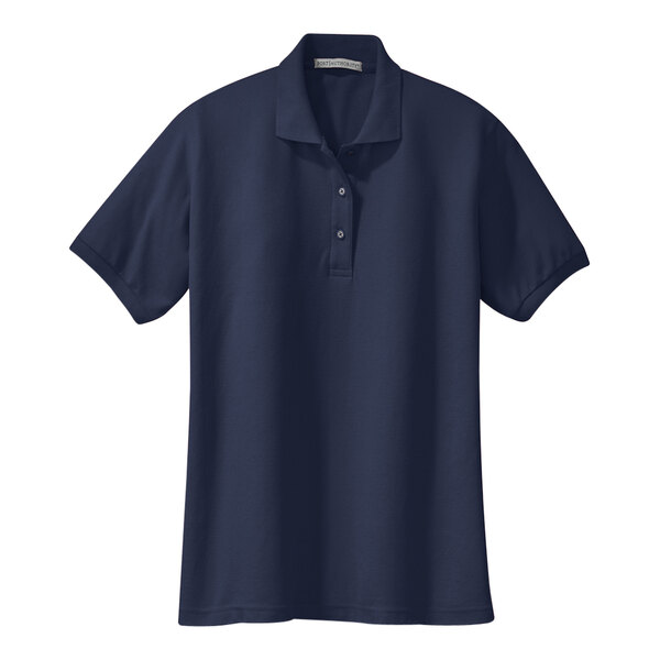 A Port Authority navy blue short sleeve polo shirt.
