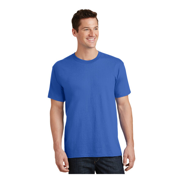 A man wearing a royal blue Port & Company T-shirt.