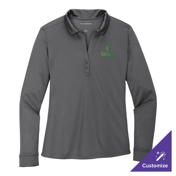 A medium women's Port Authority steel gray long sleeve polo shirt with green embroidery.