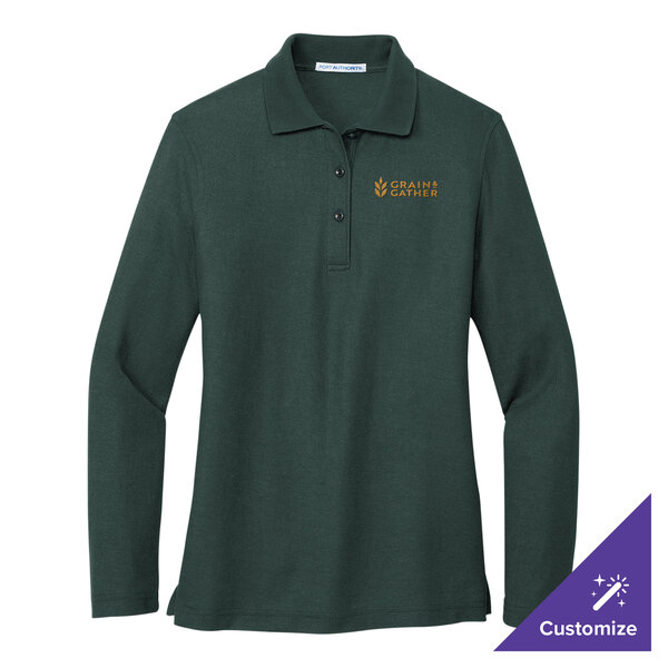 A medium women's dark green long sleeve Port Authority polo shirt.