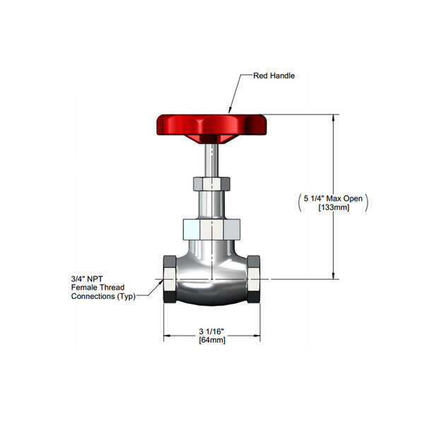 A T&S chrome plated valve handle with red accents.