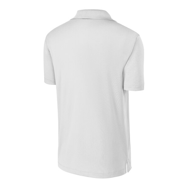 A white Sport-Tek polo shirt with a collar.