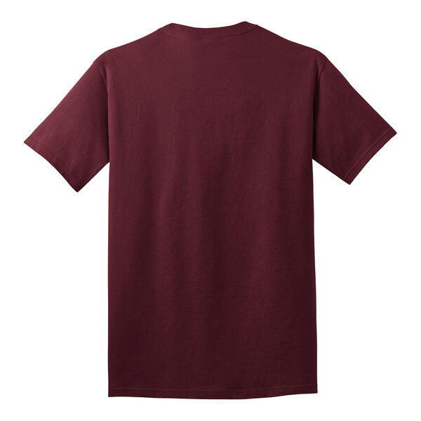 A close-up of an extra large maroon Port & Company T-shirt.