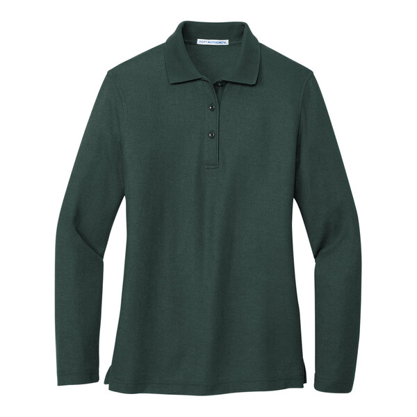 A dark green Port Authority long sleeve polo shirt.