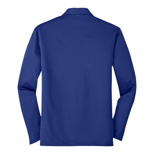 A back view of a royal blue Port Authority long sleeve polo shirt.