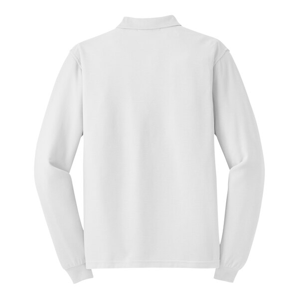 The back of a white Port Authority long sleeve polo shirt.