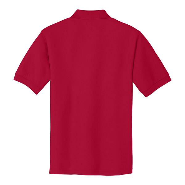 A red Port Authority silk touch pique polo shirt.