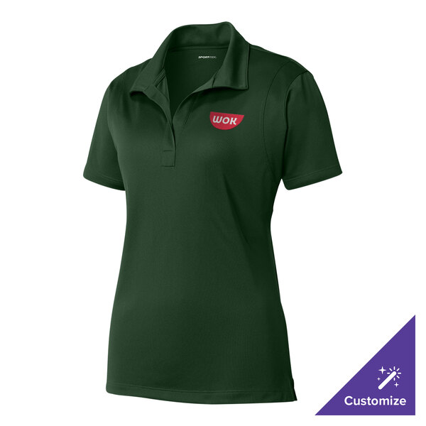 A Sport-Tek women's forest green polo shirt with a logo on it.