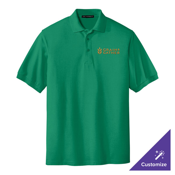 A Kelly green Port Authority polo shirt with an orange logo.