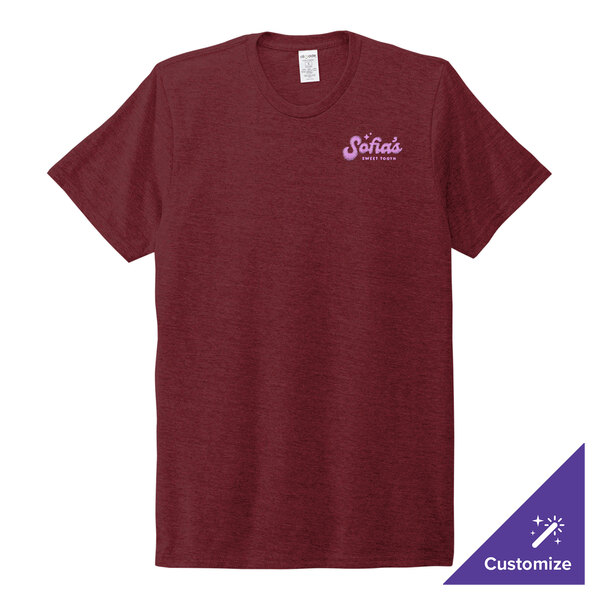 A maroon tri-blend AllMade T-shirt with a logo on it.