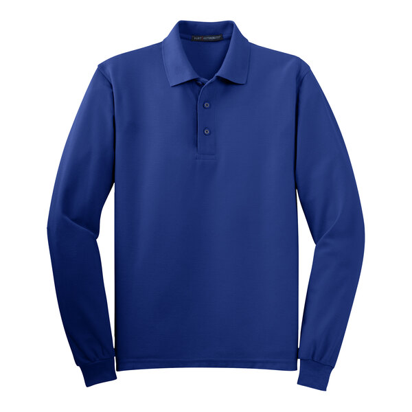 A royal blue Port Authority® long sleeve polo shirt.