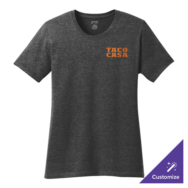 A Port & Company women's dark heather gray t-shirt with orange and black text on the table.