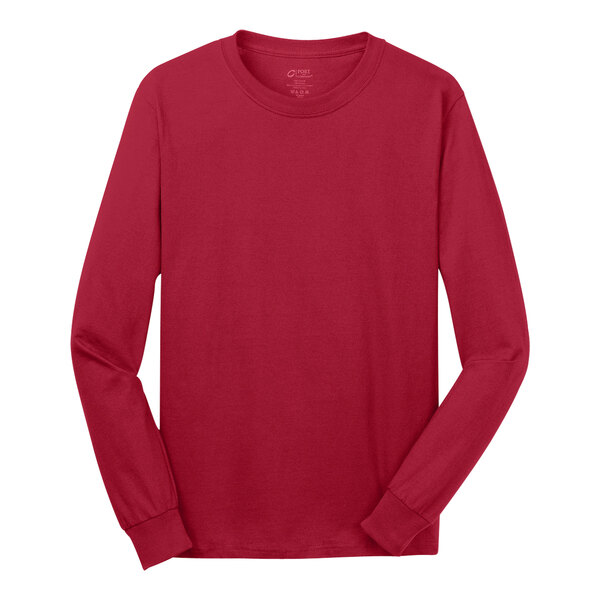 A red Port & Company long sleeve T-shirt.