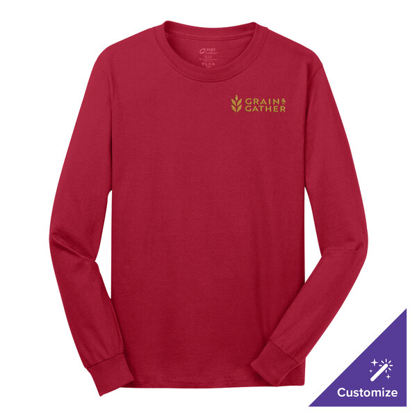 A red Port & Company long sleeve t-shirt with gold embroidery.