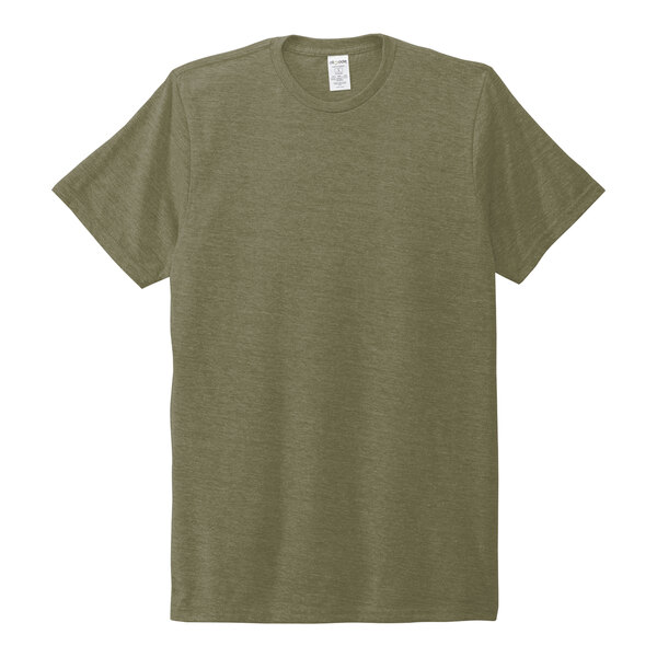 An olive green AllMade customizable t-shirt with a white label.
