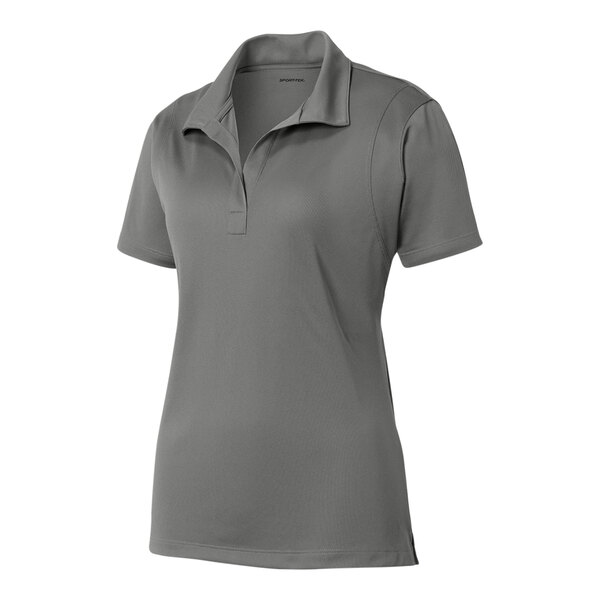A Sport-Tek women's grey short sleeve polo shirt with a collar.