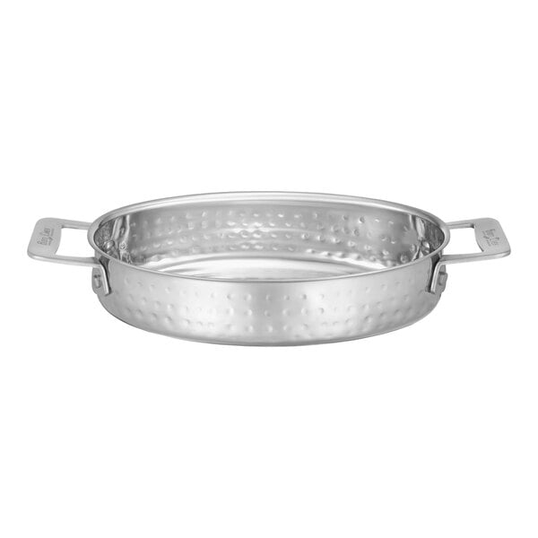 A silver stainless steel Bon Chef oval dish with handles.