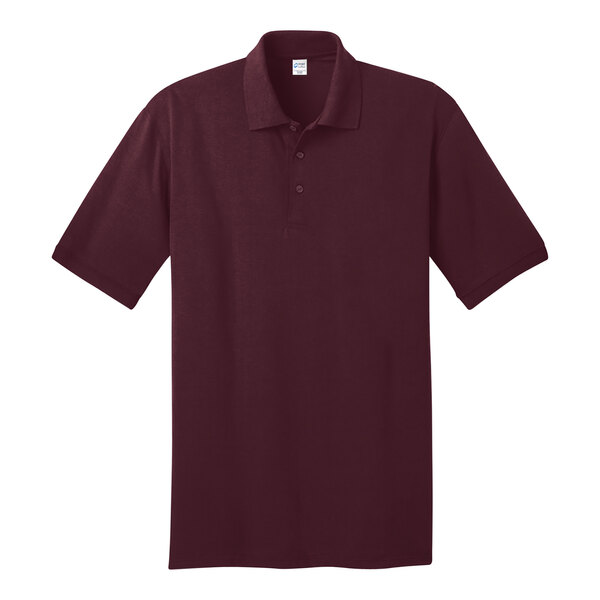 A Port & Company maroon polo shirt with short sleeves.