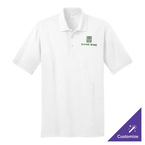 A white Port & Company polo shirt with green text.