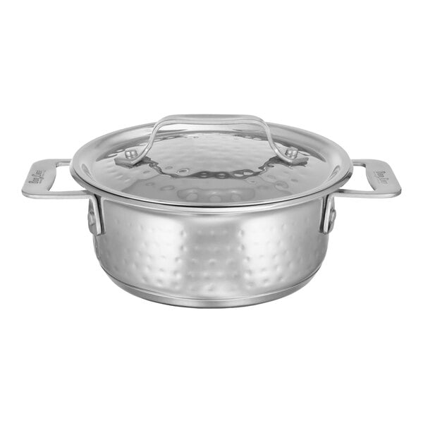 A Bon Chef stainless steel pot with a lid.