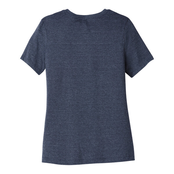 A close-up of a Bella + Canvas women's navy blue short sleeve t-shirt.