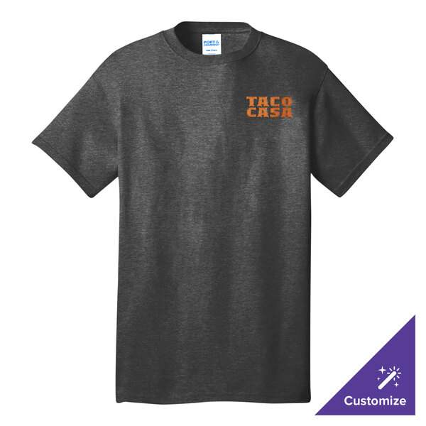 A Port & Company dark heather gray t-shirt with orange text that says tech csa.