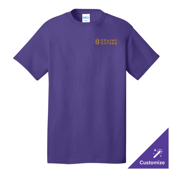 A purple Port & Company t-shirt with a white logo of a gold star.