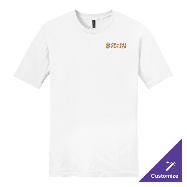 A white District short sleeve t-shirt with gold text that says "District"