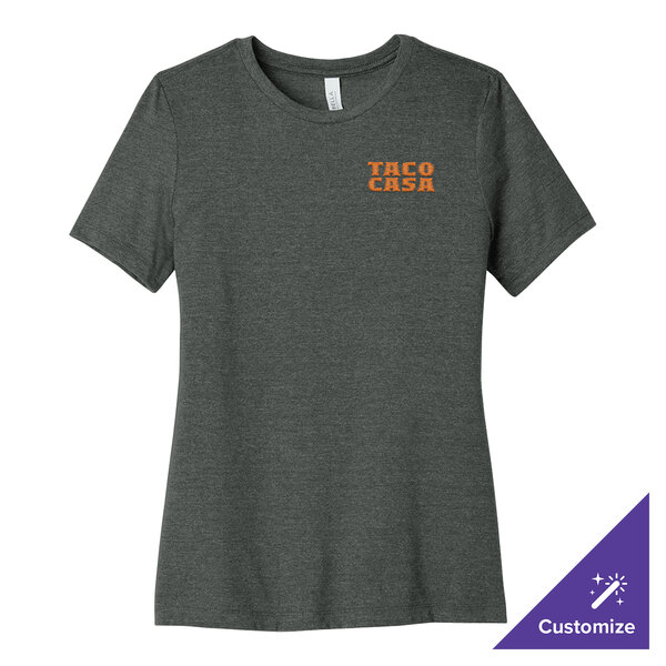A deep heather grey Bella + Canvas women's short sleeve t-shirt with orange text that says "zebra" on it.