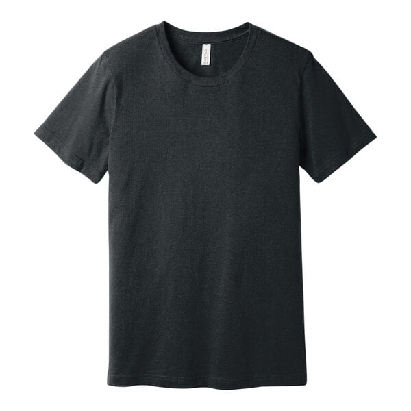 A dark gray heather Bella + Canvas customizable t-shirt.