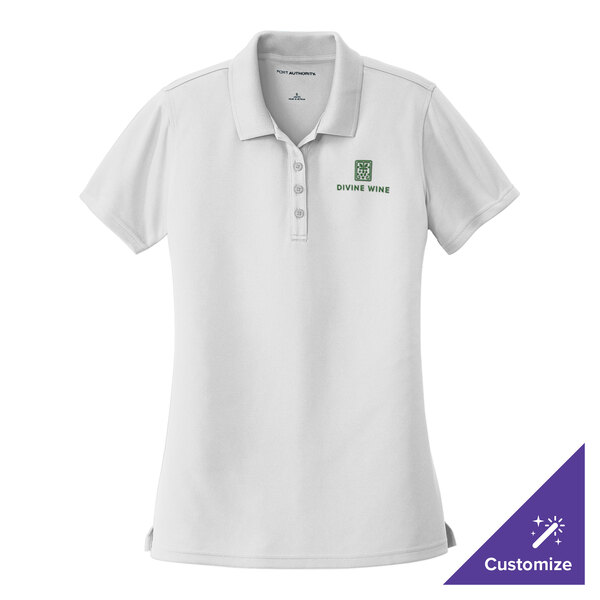 A white Port Authority women's polo shirt with a green logo.