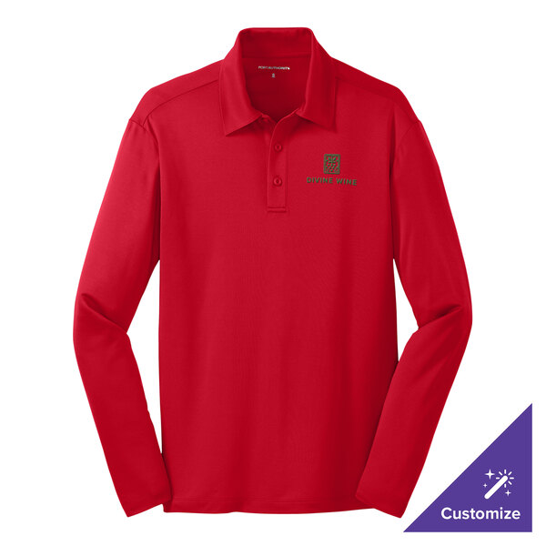 A red Port Authority long sleeve polo shirt with a logo.