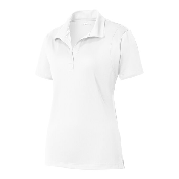 A white Sport-Tek women's short sleeve polo shirt.