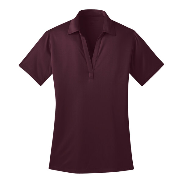 A maroon Port Authority women's silk touch polo shirt with a collar.