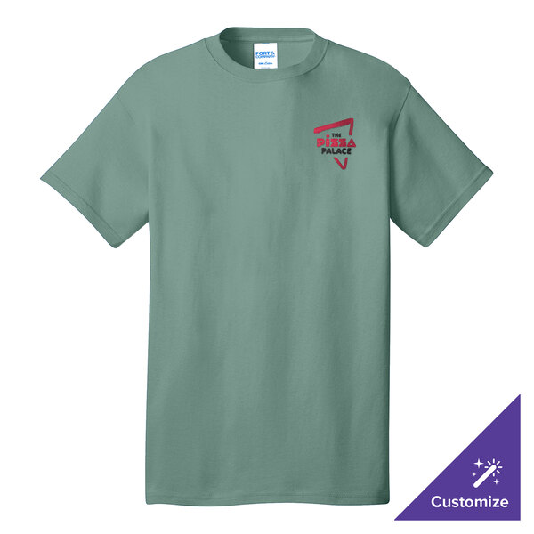 A Port & Company laurel green short sleeve t-shirt with a logo on it.
