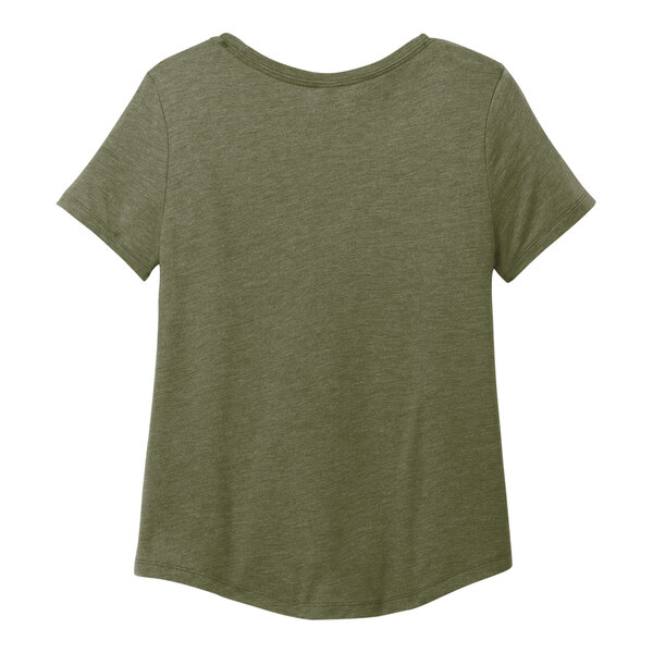 The back of a women's olive green AllMade t-shirt.