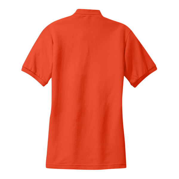 An orange Port Authority silk touch polo shirt with a white collar.