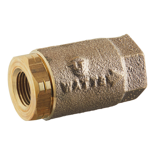 A close-up of a Watts brass threaded check valve with a nut on a white background.