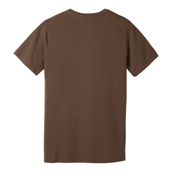 A customizable heather brown Bella + Canvas t-shirt with a white logo on the back.